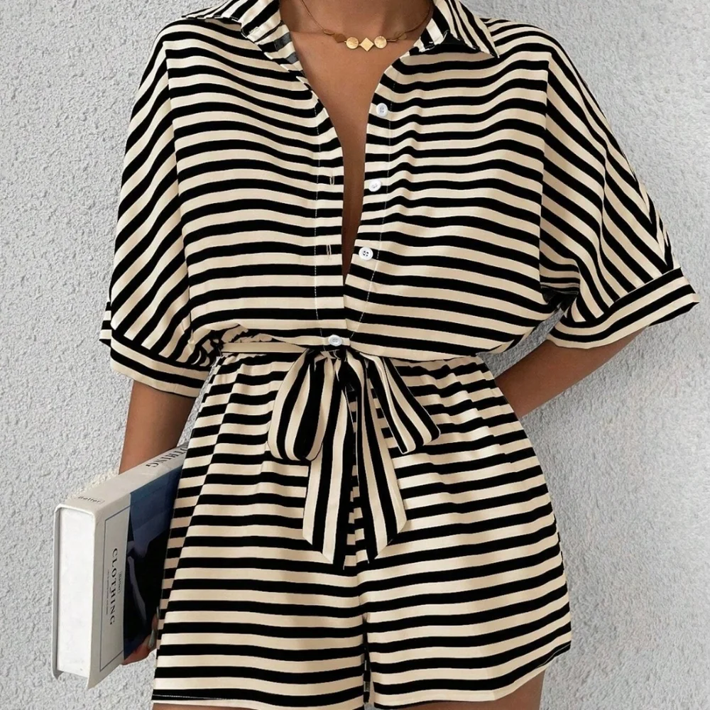 Tan Striped Tie Waist Romper - Picture 5 of 8